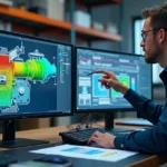 Industrial engineer analyzing detailed digital twin model on multiple high-resolution screens in control room