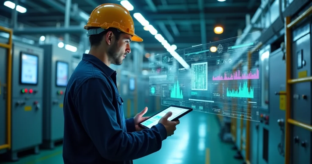 Industrial technician using AI software on tablet to manage CMMS with digital interface overlay