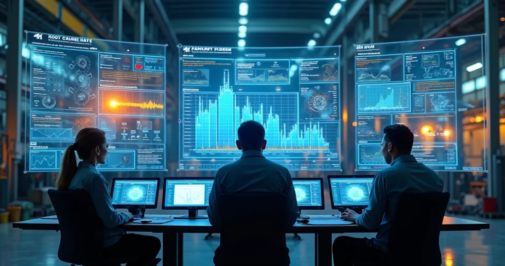 Industrial maintenance team analyzing AI-powered diagnostic data on transparent digital screens in a high-tech control room