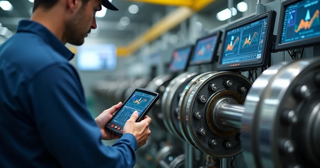 Técnico utilizando un analizador de vibraciones portátil en maquinaria industrial con paneles de control detallados al fondo.