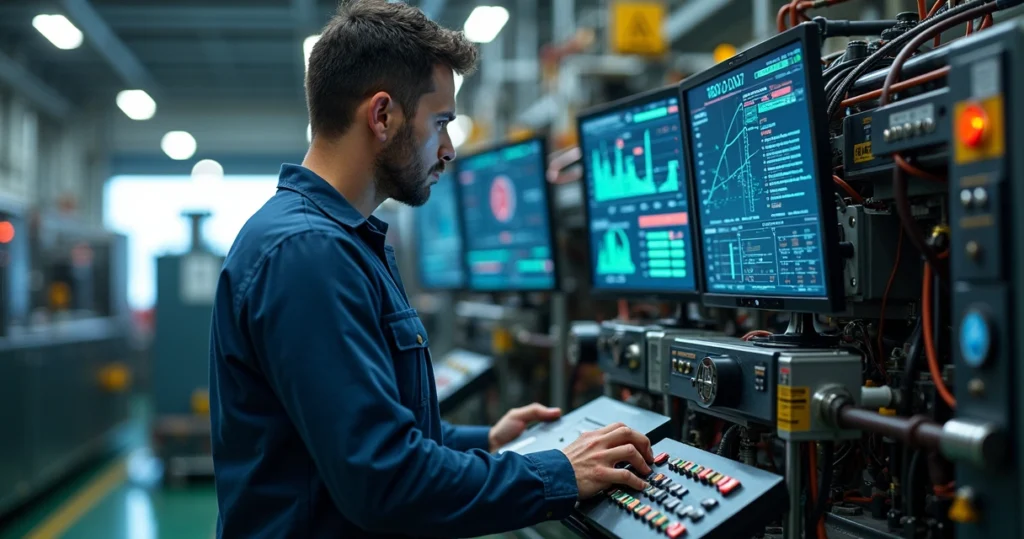 Industrial technician analyzing complex machinery with error alerts on digital screens