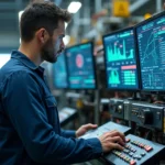 Técnico industrial analizando maquinaria compleja con alertas de error en pantallas digitales