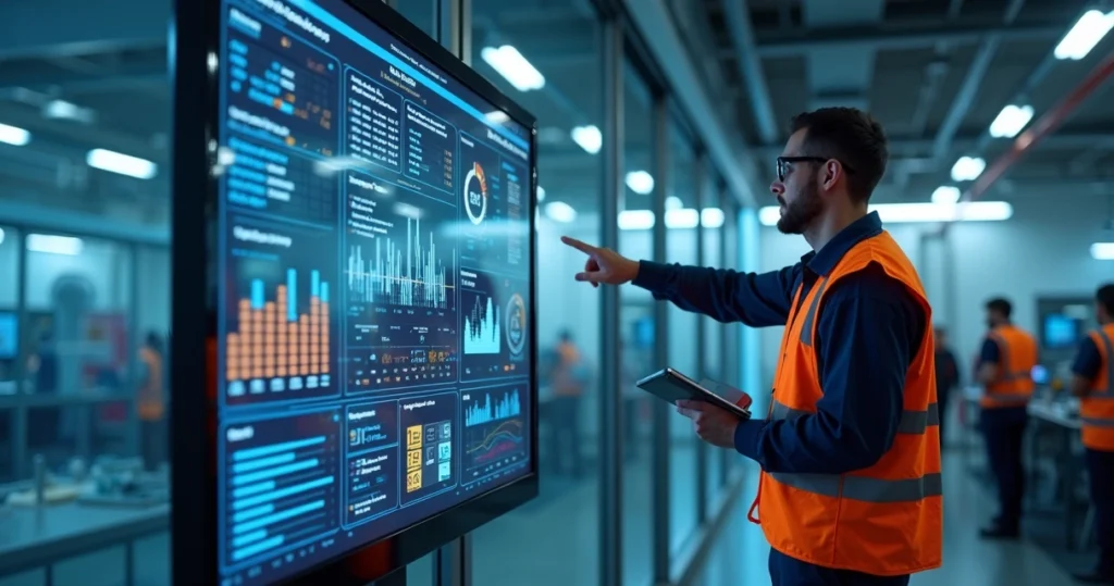 Un técnico industrial analiza un cuadro de mandos de mantenimiento basado en IA con tablas y gráficos