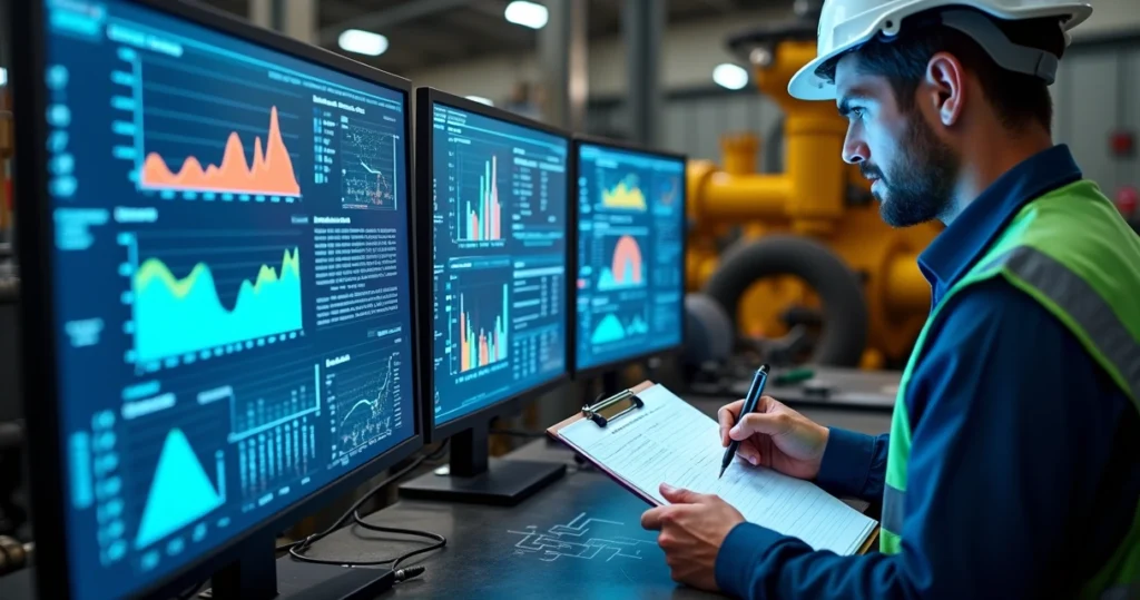 Side-by-side comparison of a modern analytics dashboard and handwritten maintenance logs