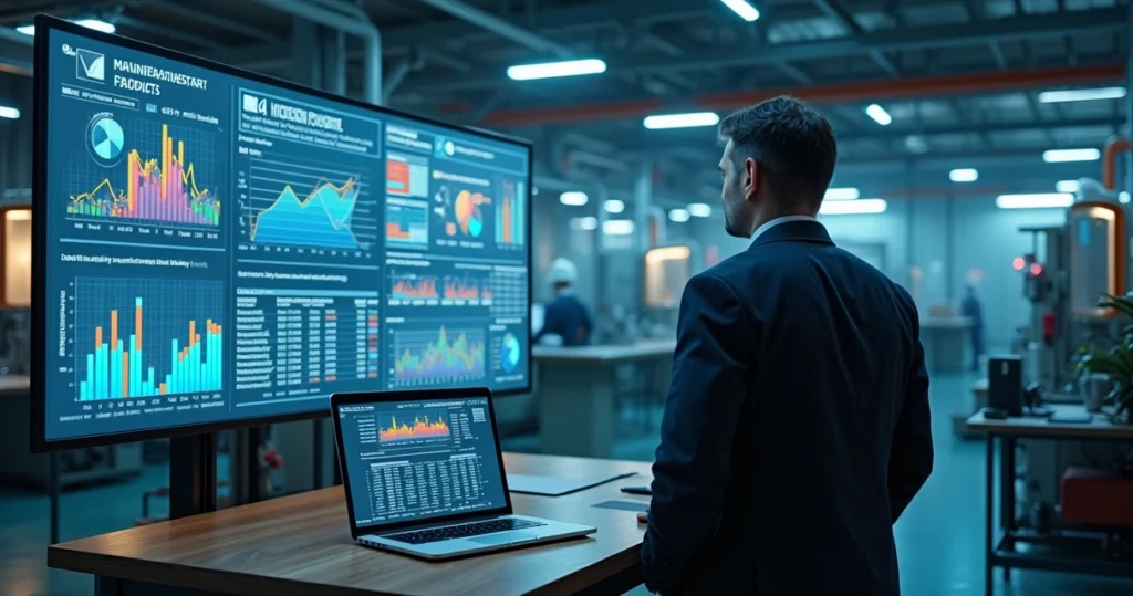 Responsable de mantenimiento industrial analizando la estrategia presupuestaria en el cuadro de mandos digital de la sala de control