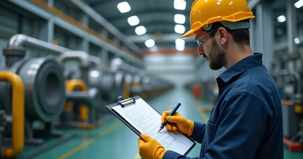 Industrial technician reviewing a maintenance checklist on a clipboard inside a factory