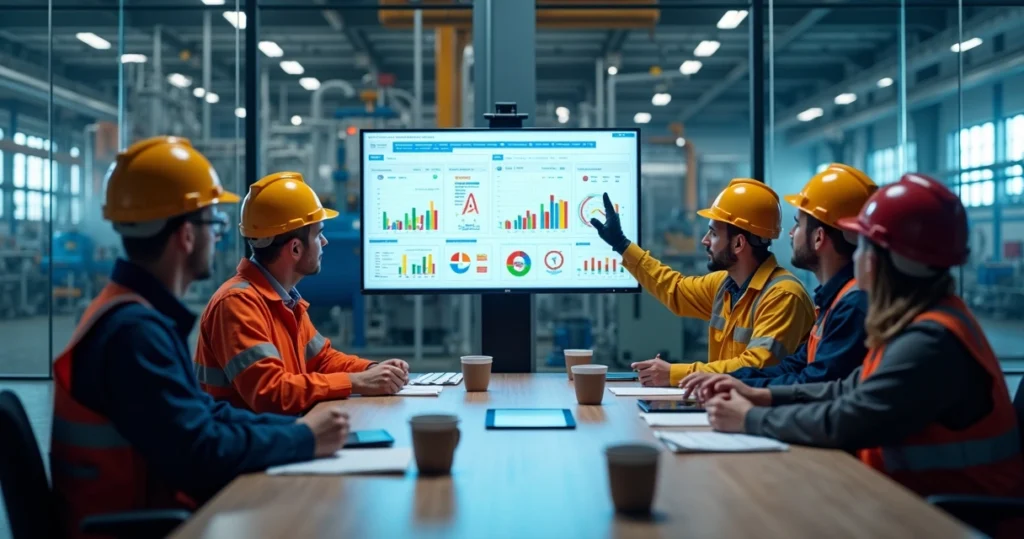 Equipo de mantenimiento industrial discutiendo acuerdos de nivel de servicio alrededor de una mesa de conferencias con gráficos digitales en una pantalla.