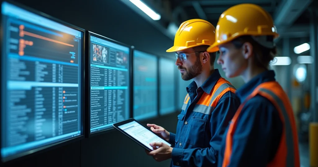 Industrial maintenance team reviewing digital work orders on tablet in control room