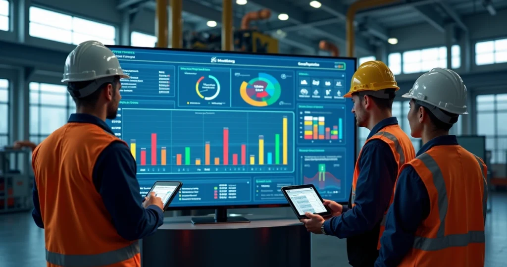 Industrial maintenance team gathered around digital dashboard with shift schedules and labor tracking