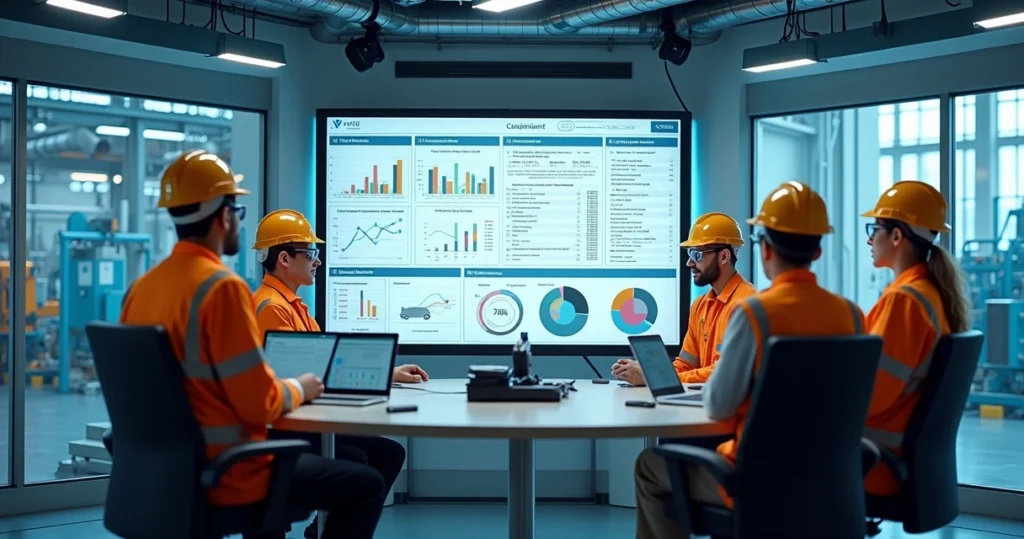 Equipo de mantenimiento industrial revisando informes de cumplimiento automatizados en múltiples pantallas en una moderna sala de control.