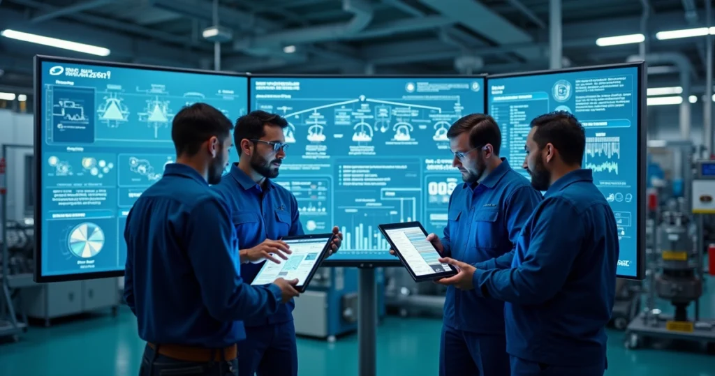 Equipo de mantenimiento industrial analizando averías de equipos mediante tabletas digitales y gráficos en una sala de control de alta tecnología.