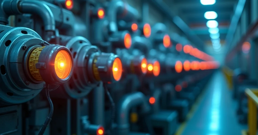 Primer plano de varios sensores industriales que supervisan equipos en una fábrica