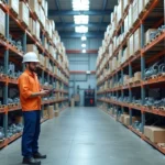 Rows of organized spare parts shelves in a large industrial warehouse with labels and boxes