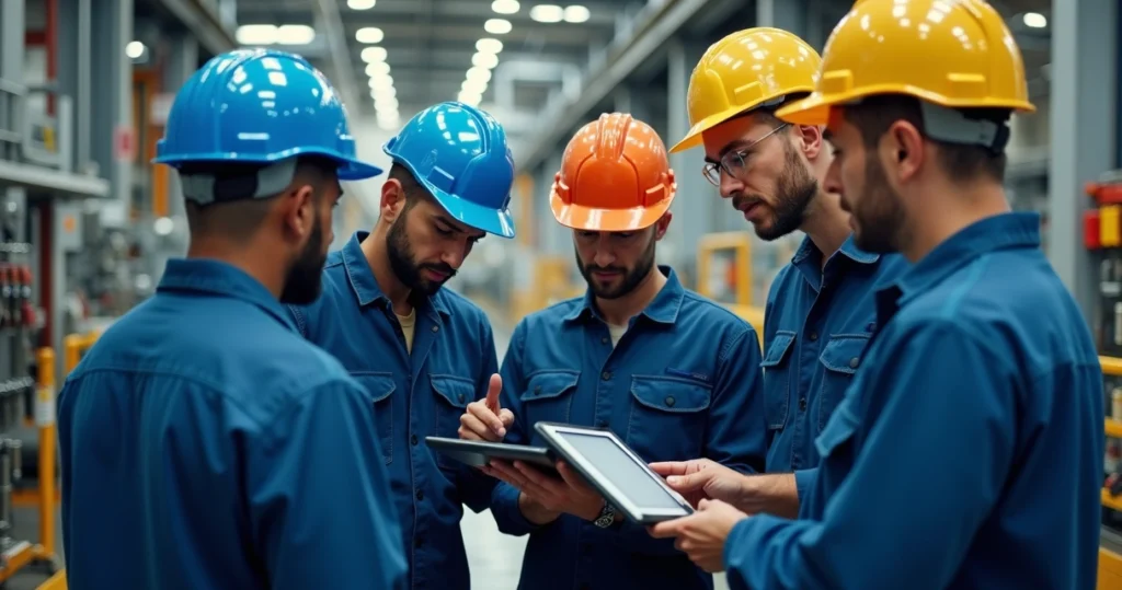 Equipo de mantenimiento reunido en torno a una tableta digital durante una sesión de formación en una planta industrial