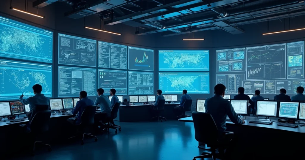 Industrial control room with AI analyzing SCADA system data on multiple screens