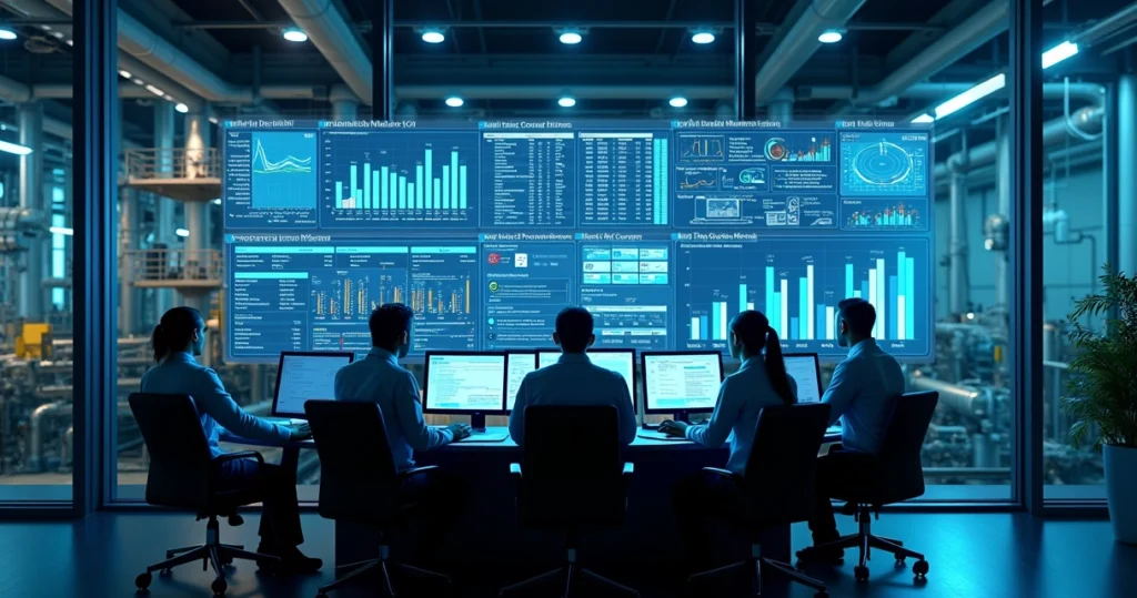 Industrial maintenance team analyzing digital KPI dashboard with charts and performance metrics