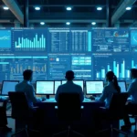 Industrial maintenance team analyzing digital KPI dashboard with charts and performance metrics
