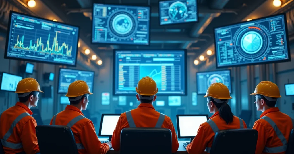 Industrial maintenance team overwhelmed by multiple disconnected digital data screens