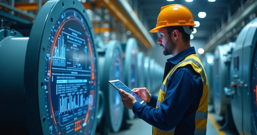 Industrial maintenance technician analyzing equipment diagnostics on a digital tablet in a modern plant