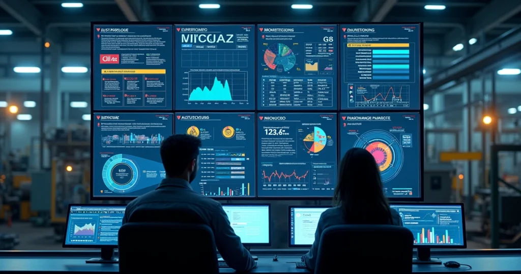 Industrial control room screen showing automated alert workflows with graphs and notifications