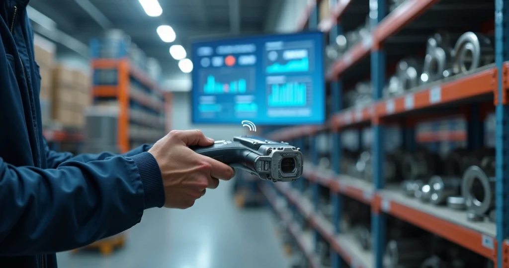 Industrial spare parts being scanned with an RFID handheld device in a warehouse