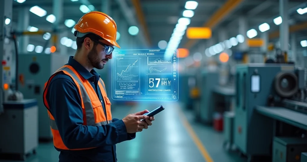 Industrial technician analyzing equipment with digital interface and tools in a modern factory