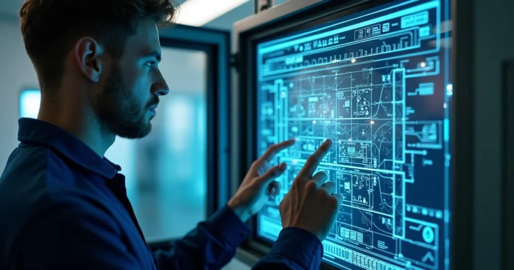 Technician analyzing electrical panel with machine learning interface on transparent screen