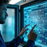 Technician analyzing electrical panel with machine learning interface on transparent screen