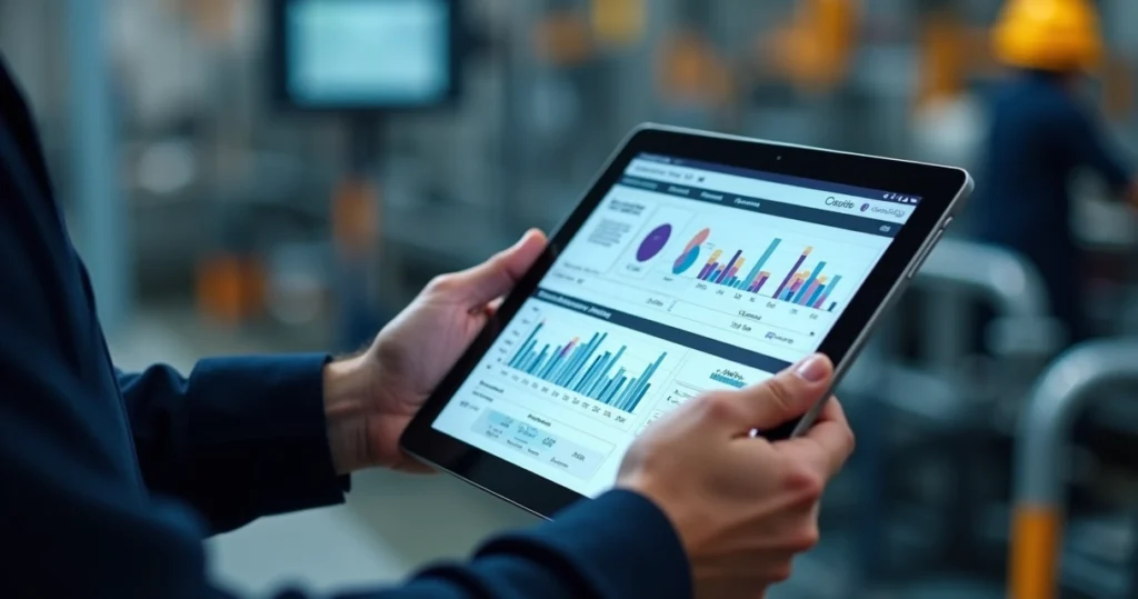 Industrial maintenance technician using a tablet displaying workflow automation dashboard with charts and diagnostics